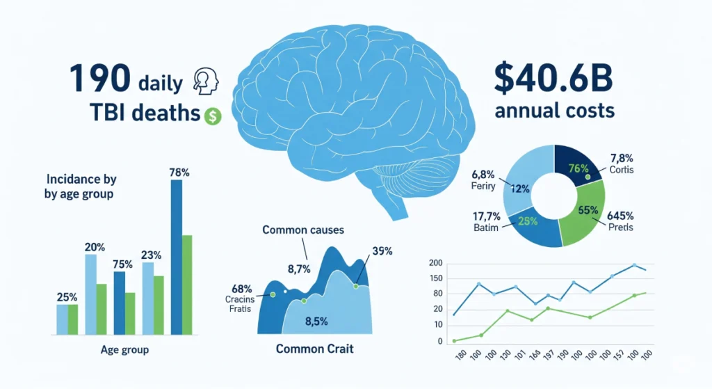 Brain injury statistics infographic showing TBI facts including 190 daily deaths and $40.6 billion annual costs with medical data visualization