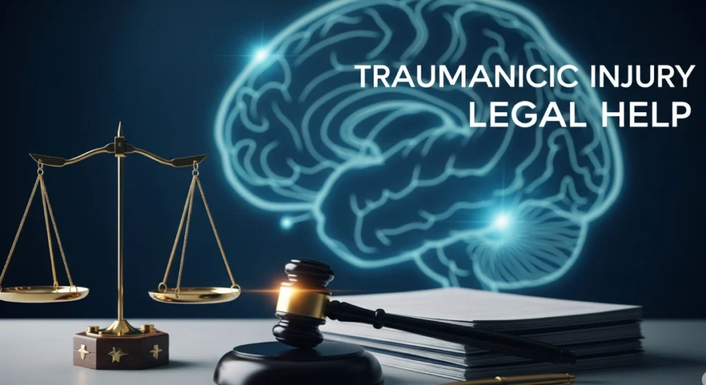 TBI legal help consultation showing brain scan imagery with scales of justice representing traumatic brain injury attorney Michael J. Rodriguez legal services