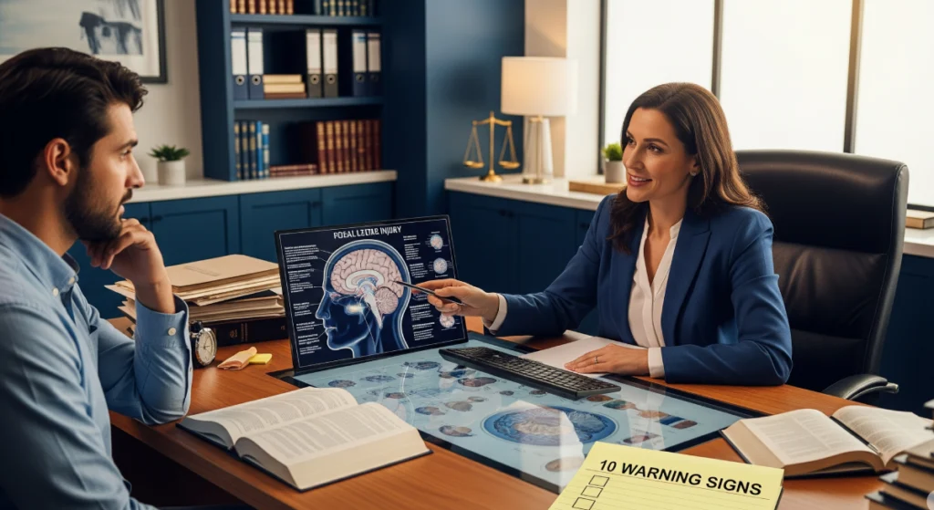 Brain injury attorney consultation showing when to call brain injury lawyer with 10 warning signs checklist on professional law office desk